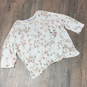 J. Jill Cream and Floral Pink Brown Linen Blend Open Knit Light Sweater